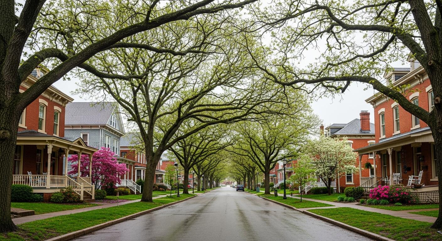 A view from the street of homes in Old Town Florissant, Missouri.