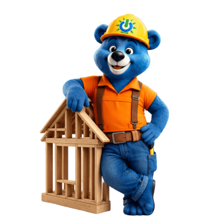 Blue the Bear leaning on a house frame
