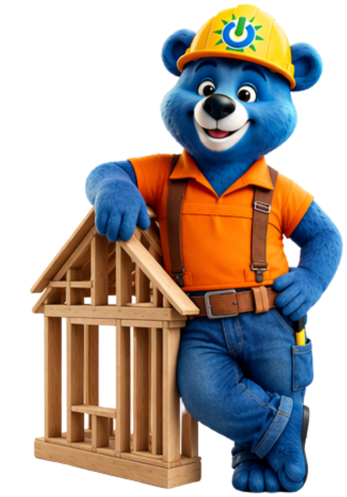 Blue the Bear, the Shinnova Home mascot, leaning on a house frame