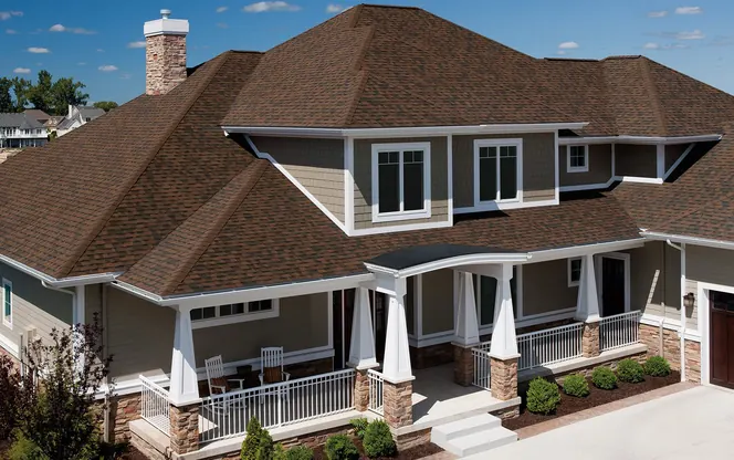 Completed roof in Owens Corning Brownwood shingles