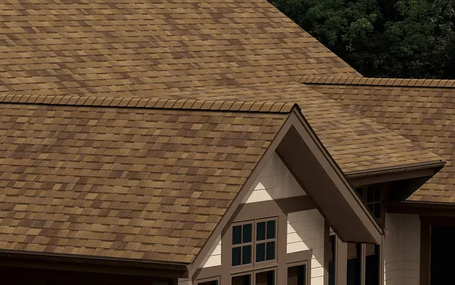 Completed roof in Owens Corning Desert Tan shingles