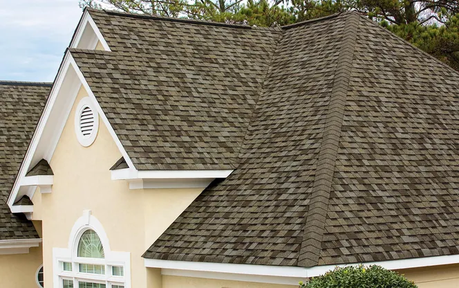 Completed roof in Owens Corning Driftwood shingles