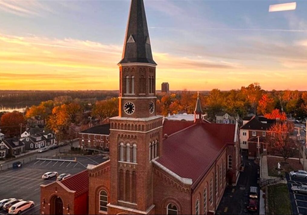 Aerial view of St Peter Catholic Church and surrounding neighborhood in St. Peters, MO